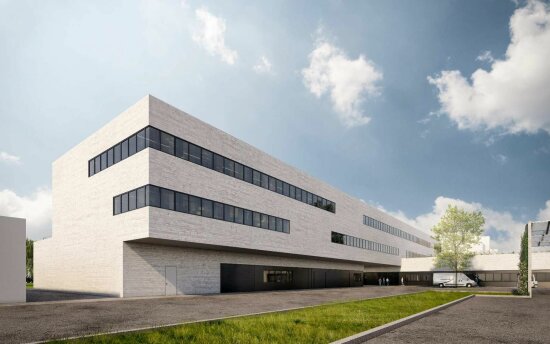 Die neuen Forschungswerkstätten als Visualisierung von Südosten. Architekturbüro Hammes Krause, Stuttgart
